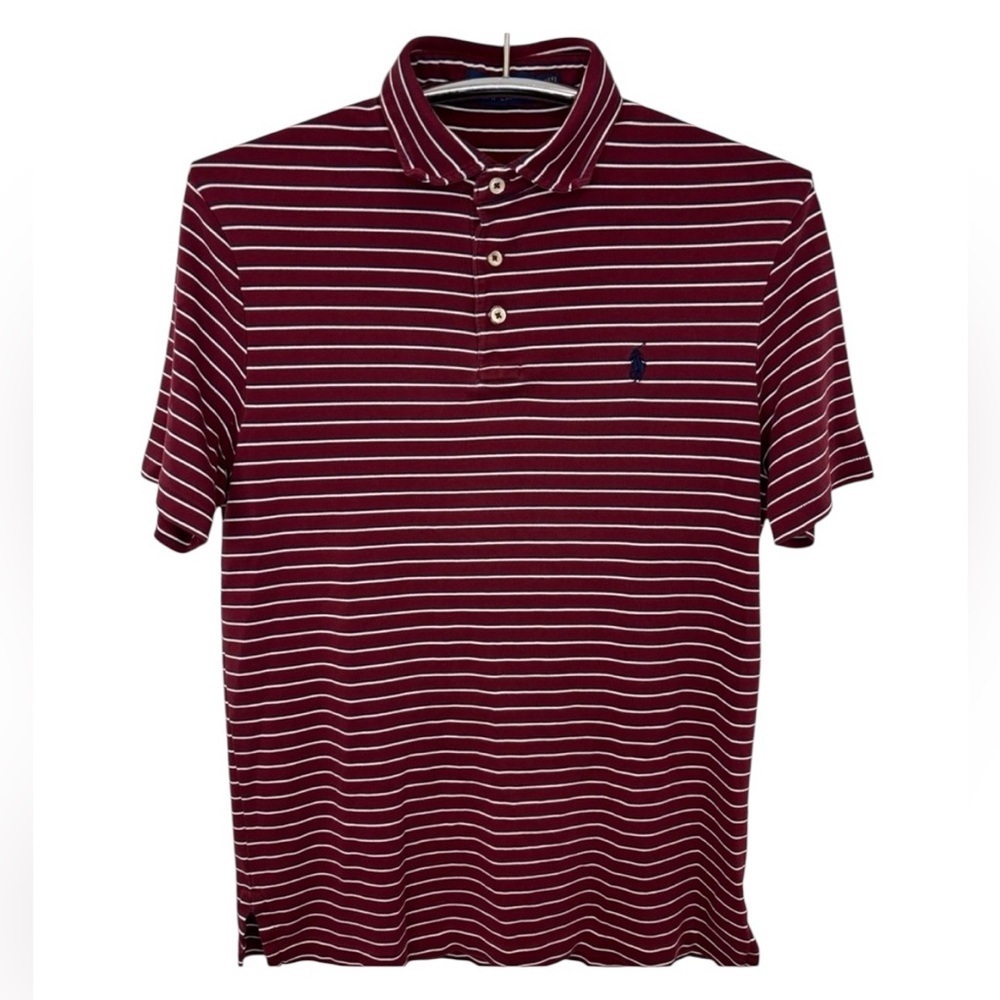 Ralph Lauren Maroon and White Striped Polo with Iconic Embroidered Logo